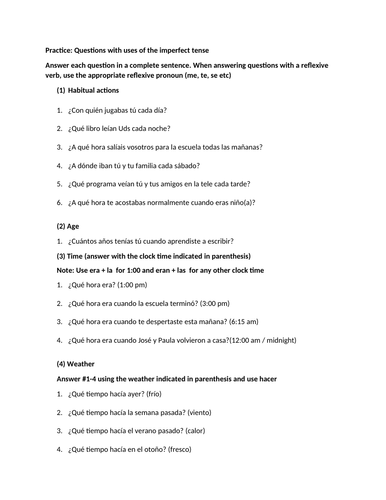 Imperfect tense questions on uses