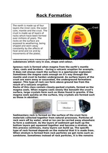 Layers of the Earth and Rock formation comprehension activity