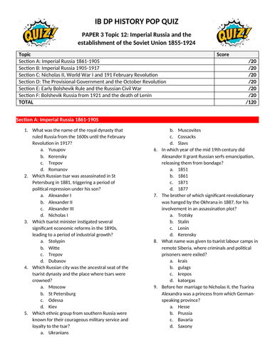 Imperial and Revolutionary Russia - Pop Quiz
