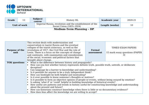 Imperial and Revolutionary Russia - Medium Term Unit Plan