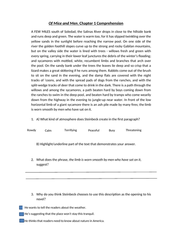 'Of Mice and Men' Chapter 1 Lower Comprehension