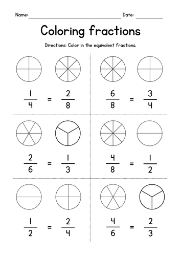 coloring equivalent fractions worksheets teaching resources