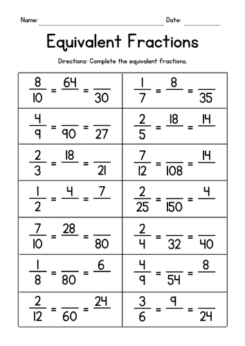 Writing Equivalent Fractions - Missing Numbers