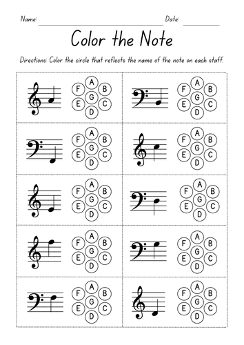 Color the Note - Bass and Treble Clef Worksheets | Teaching Resources
