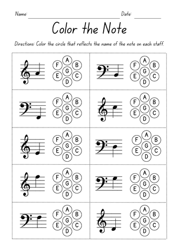 Color the Note - Bass and Treble Clef Worksheets