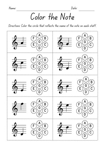 Color the Note - Treble Clef Worksheets