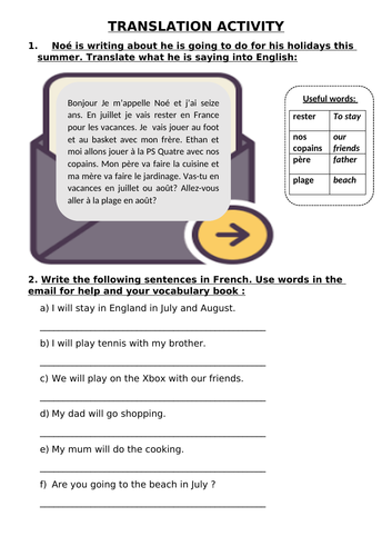 LE FUTUR- THE FUTURE TENSE IN FRENCH :  TRANSLATION  ACTIVITY