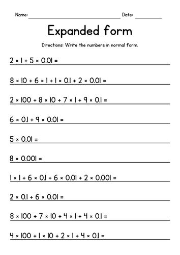 Expanding Decimal Numbers Worksheet