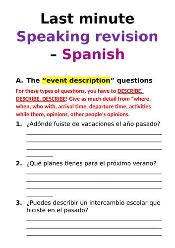 Spanish -Last minute speaking revision BOOKLET
