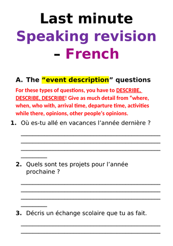 French - last minute speaking revision BOOKLET