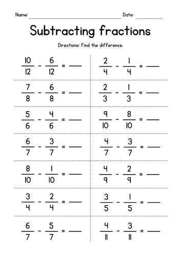 subtracting proper fractions with like denominators teaching resources