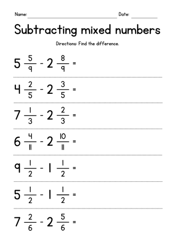 Subtracting Mixed Numbers With Like Denominators Worksheet