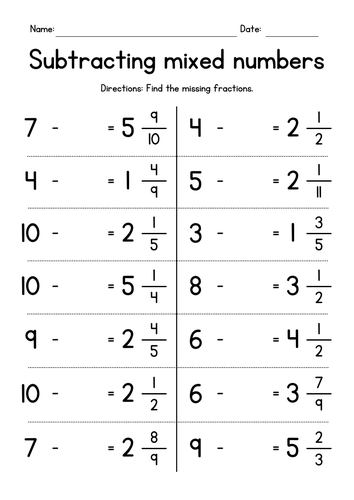 Subtracting Mixed Numbers from Whole Numbers | Teaching Resources