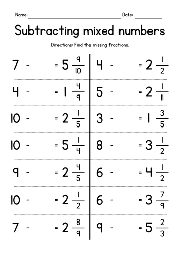 Subtracting Mixed Numbers From Whole Numbers Teaching Resources