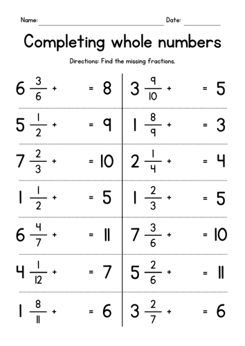 Completing Whole Numbers - Fractions Worksheets