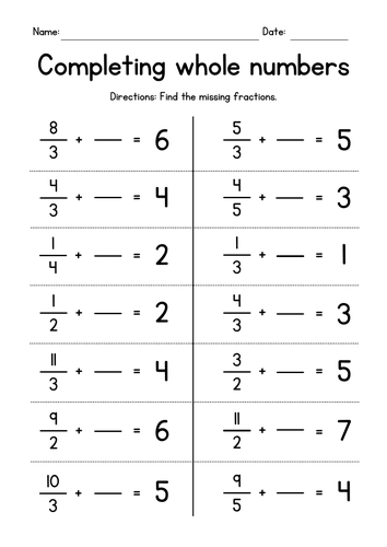 Completing Whole Numbers (improper fractions)