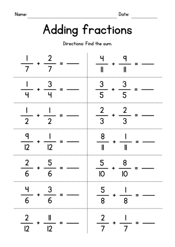 adding fractions with like denominators teaching resources