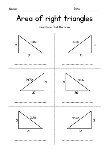 area of right triangles geometry worksheets teaching resources