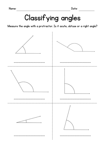 Measuring and Classifying Angles (acute, obtuse, right) - Geometry Worksheets