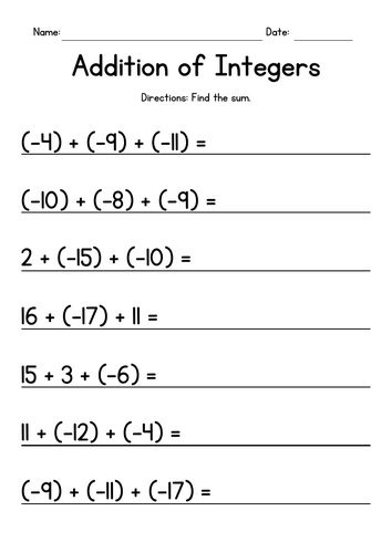 adding integers addition worksheets teaching resources