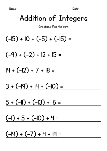 adding integers worksheet