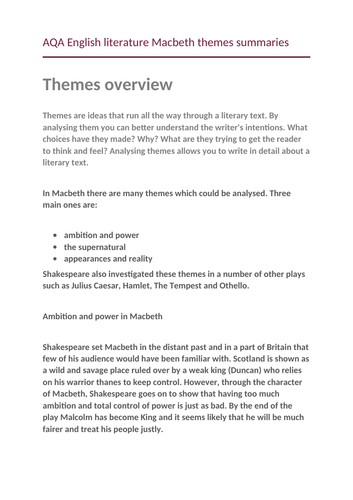 aqa-english-literature-macbeth-themes-summaries-teaching-resources