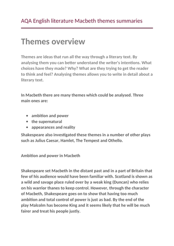 AQA English literature Macbeth themes summaries