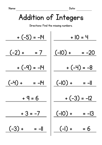 Adding Integers - Missing Numbers Worksheets