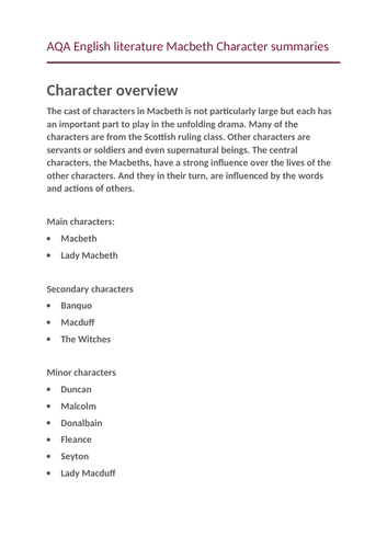 AQA English literature Macbeth Character summaries