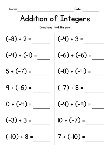 Addition of Integers Worksheets