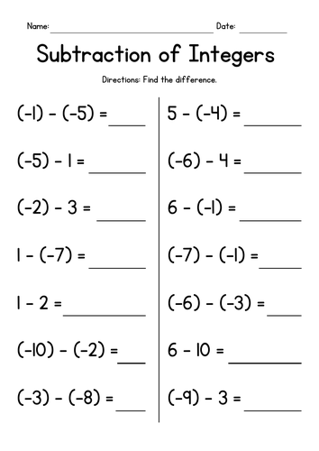 Subtraction of Integers Worksheets