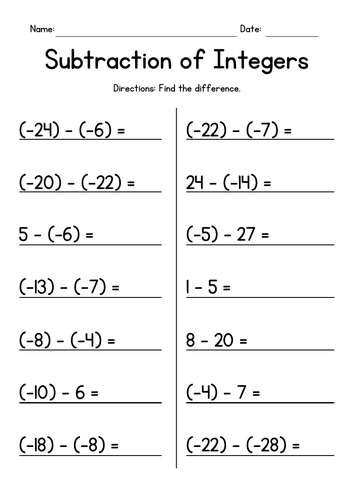 subtracting integers worksheet