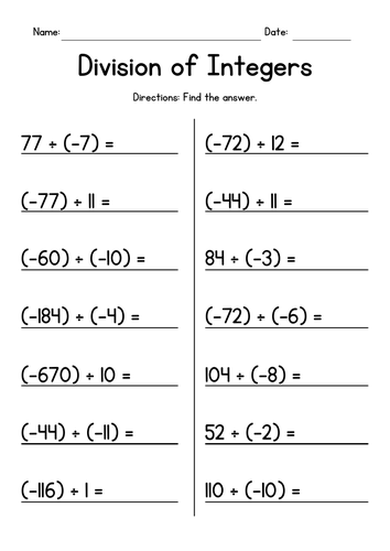 Division of Integers Worksheets Teaching Resources