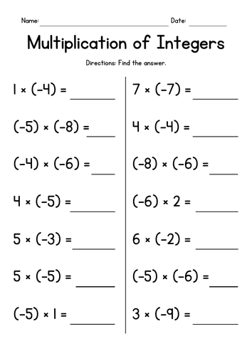 Multiplication of Integers Worksheets Teaching Resources