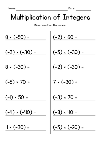Multiplying Integers by Whole Tens Worksheets