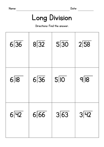 dividing 2 digit by 1 digit numbers long division worksheets teaching resources