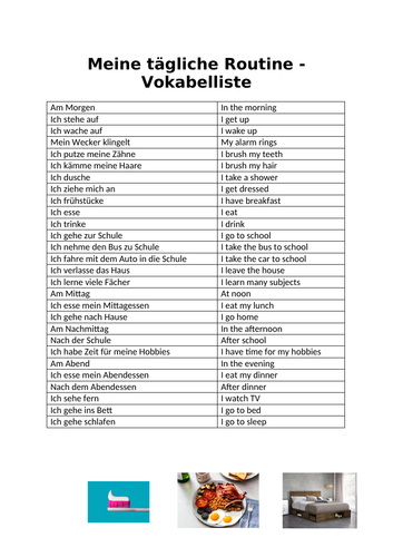 Daily Routine Vocabulary List