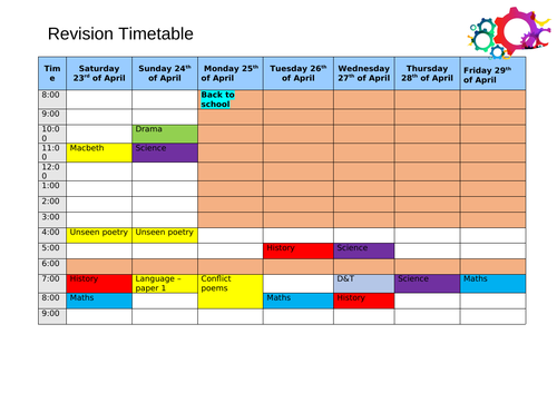 Sample year 11 GCSE  Revision timetable for personalising