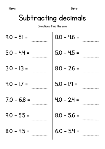 Subtracting 1 Digit Decimals From Whole Numbers Teaching Resources