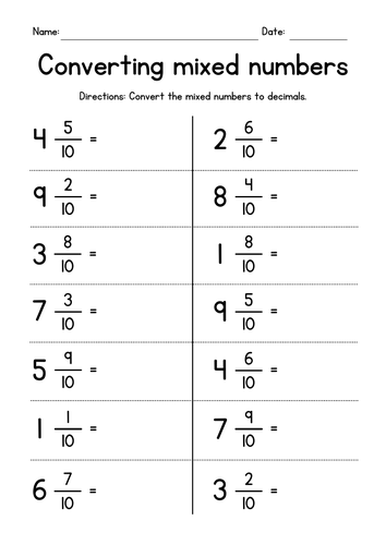 Changing Mixed Numbers To Decimals Worksheet