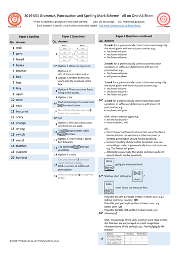 KS1 and KS2 2019 Grammar Punctuation and Spelling Mark Scheme on a Page