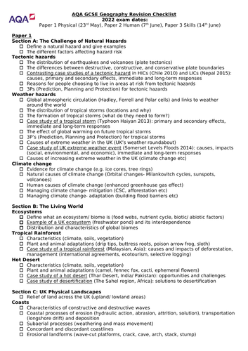 AQA GCSE Geography 9-1: Revision Checklist