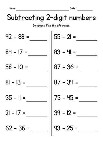 Subtracting 2-digit Numbers Worksheets 