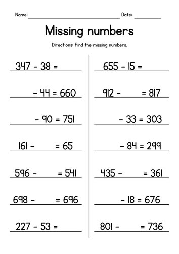 Subtracting from 3-Digit Numbers - Missing Numbers