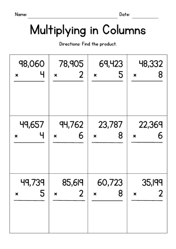 multiplying 5 digit by 1 digit numbers worksheets teaching resources