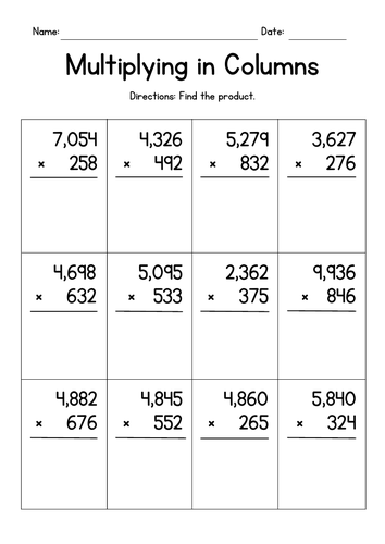 multiplying 4 digit by 3 digit numbers worksheets teaching resources