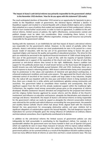 Azana’s anti-clerical reforms primarily responsible for government’s defeat in the 1933 elections?