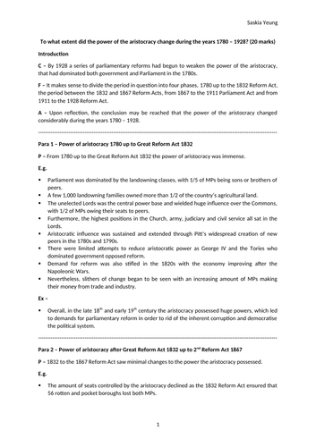 To what extent did the power of the aristocracy change during the years 1780 – 1928?