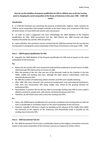 Abolition of property qualification 1858 turning point in changing social composition of Commons?