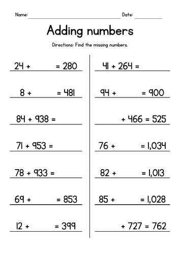 Adding 2-Digit and 3-Digit Numbers - Missing Numbers